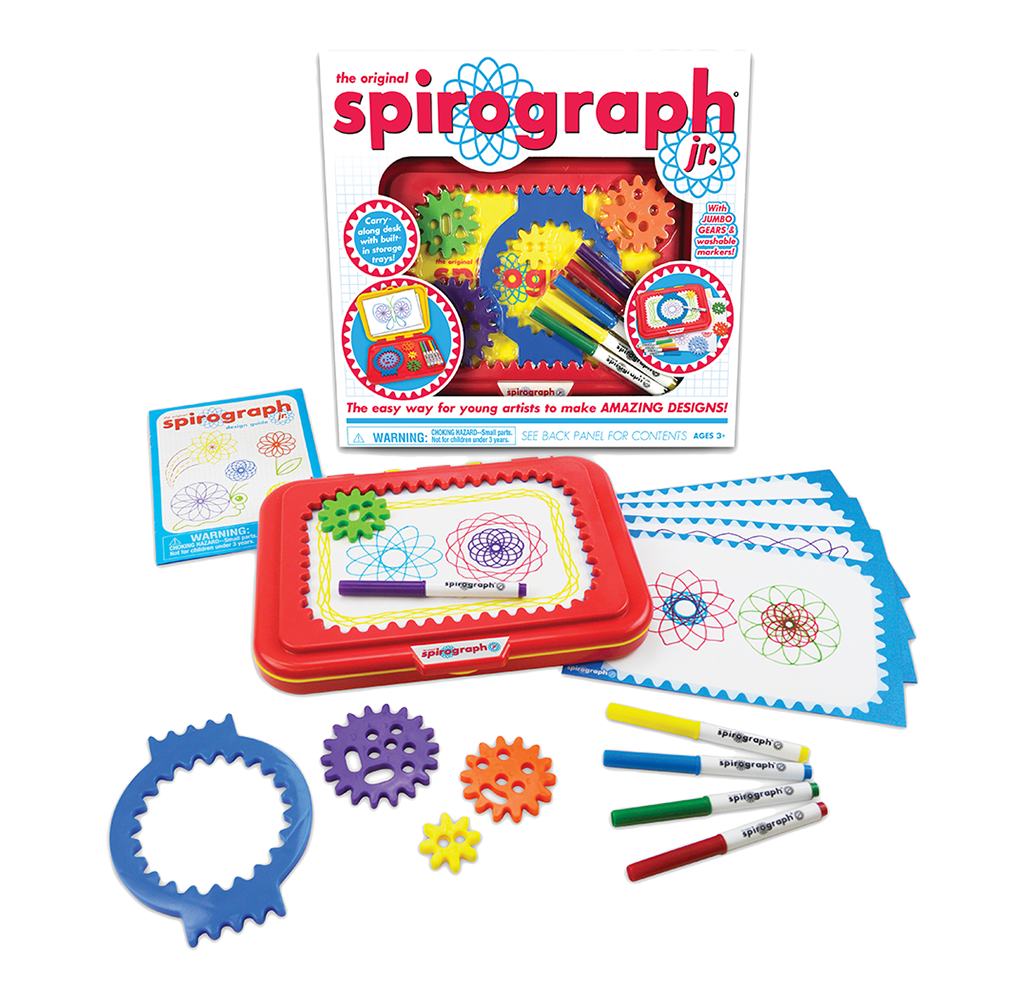 A bright, playful Spirograph Jr. kit with a red drawing tray, colorful gears and pens, patterned paper, and its box, inviting creative design.