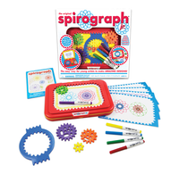 A bright, playful Spirograph Jr. kit with a red drawing tray, colorful gears and pens, patterned paper, and its box, inviting creative design.