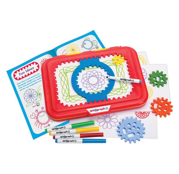 A colorful Spirograph drawing kit with a red tray, blue gear, pens, and instruction sheets, arranged on white; playful and creative in tone.