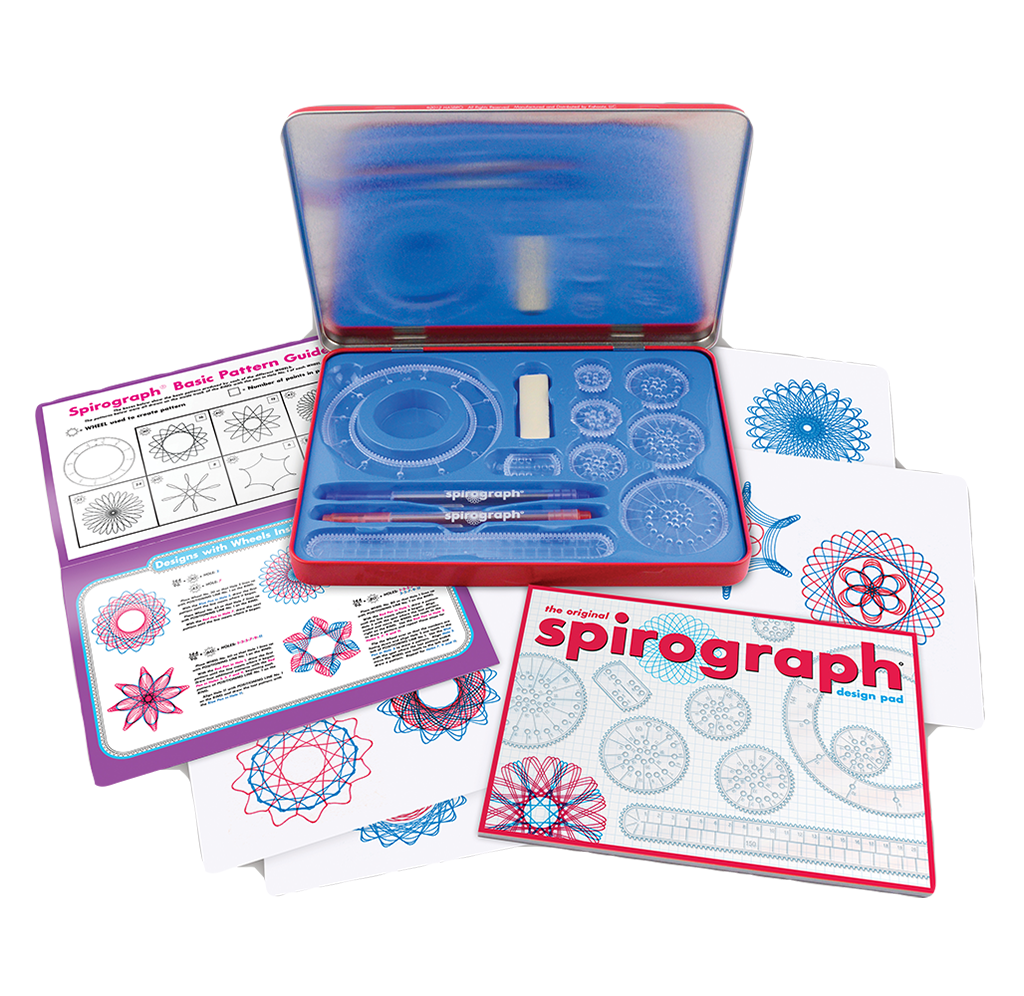 A bright blue Spirograph kit sits open among pattern guides and sheets of colorful geometric designs, evoking creative, playful drawing.