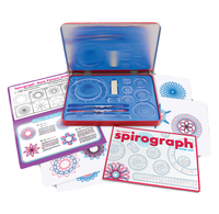 A bright blue Spirograph kit sits open among pattern guides and sheets of colorful geometric designs, evoking creative, playful drawing.