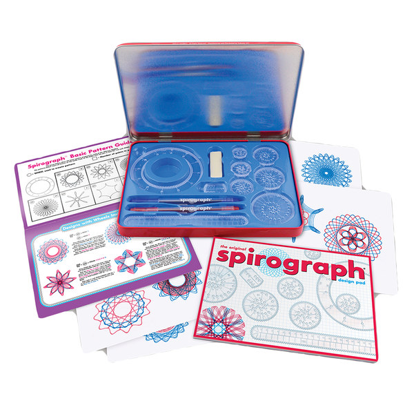 A bright blue Spirograph kit sits open among pattern guides and sheets of colorful geometric designs, evoking creative, playful drawing.