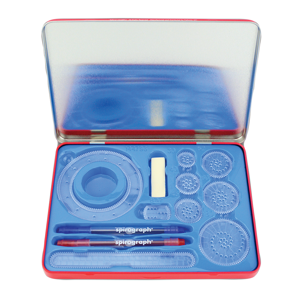 An open red tin displays a blue Spirograph kit with circular gears, a ruler, pens, and a small eraser, suggesting playful, creative drawing.