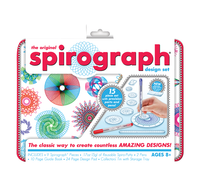 Spirograph design set packaging, featuring colorful geometric patterns, drawing tools, and a hand using a pen; playful creative kit for ages 8+.