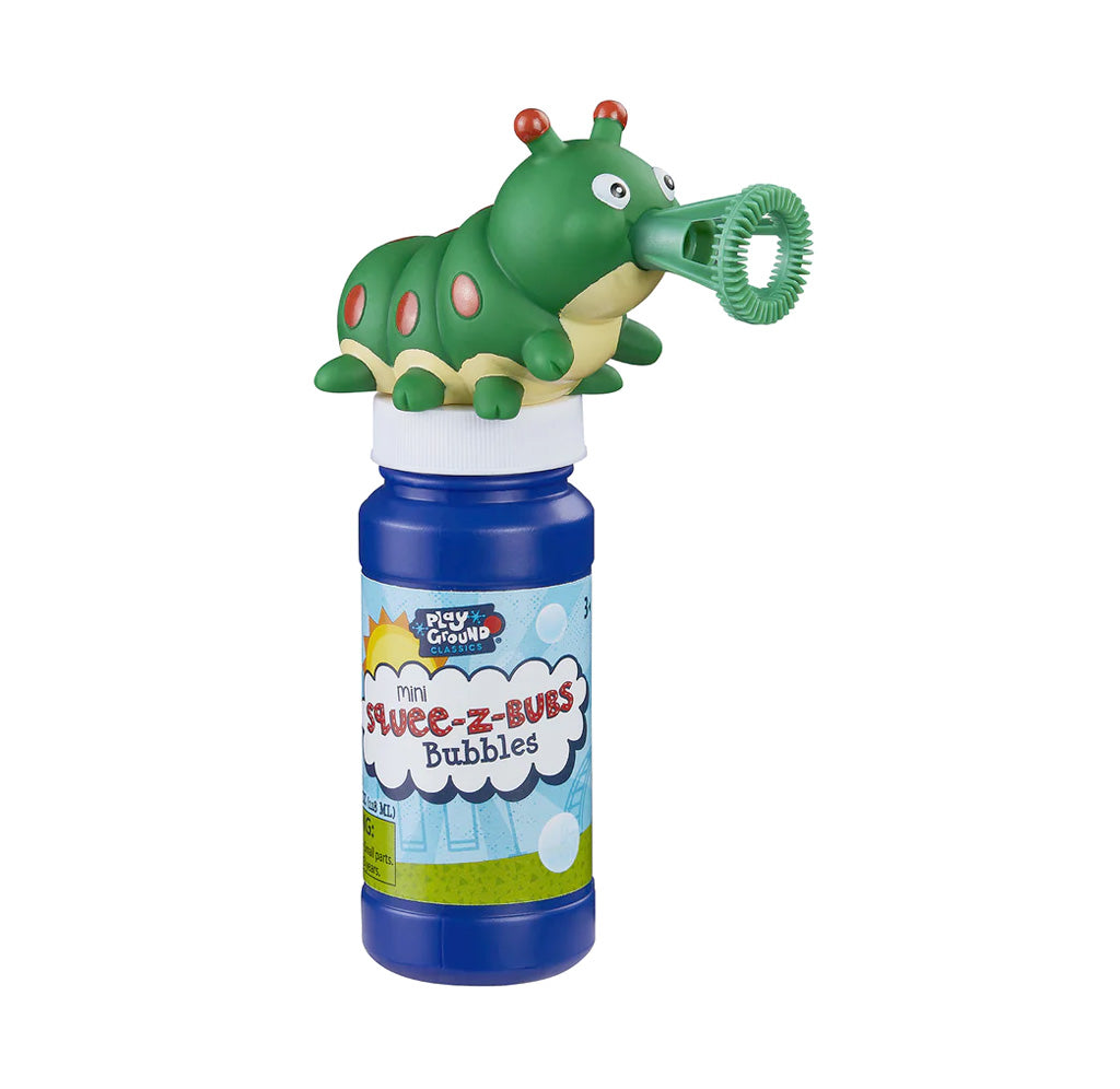 Bubble blowet shaped like a caterpillar with a blue bubble bottle on a white background