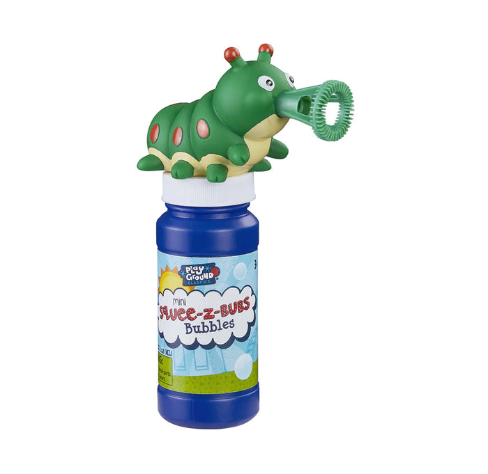 Bubble blowet shaped like a caterpillar with a blue bubble bottle on a white background