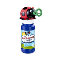 Bubble blower shaped like a red and black ladybug with a blue bubble bottle on a white background