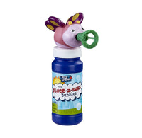 Bubble blower shaped like a pink and purple butterfly with a blue bubble bottle on a white background