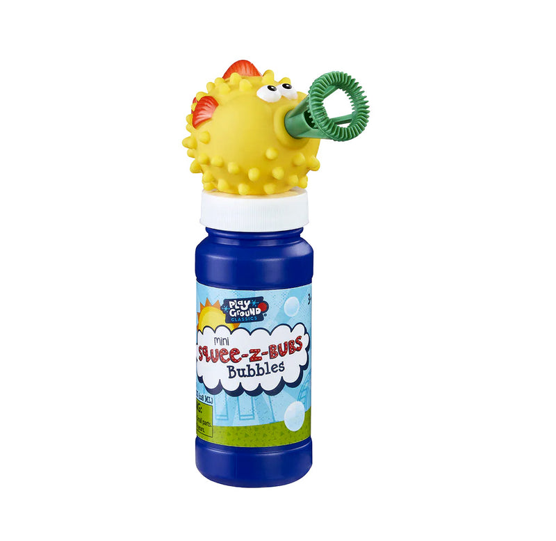 Bubble blower shaped like a yelllow pufferfish with a blue bubble bottle on a white background