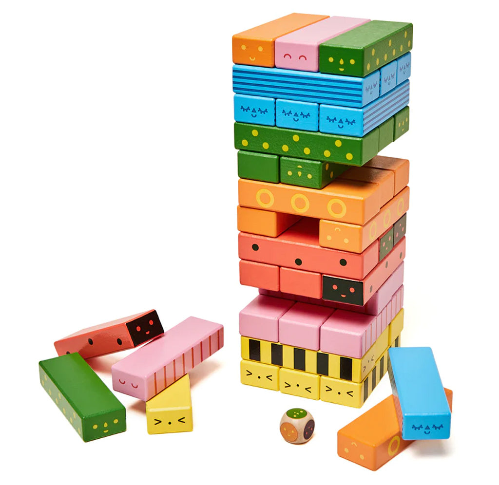 Image of Stack-a-Bug blocks stacked up in a tower, with three blocks on each row. The blocks are different colors - yellow, pink, red, orange, green, or blue - and have a different drawing of a face on the short end. 