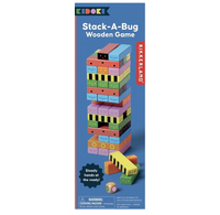 Kikkerland Stack-A-Bug Wooden Game in its retail packaging, featuring a blue box with a colorful illustration of the wooden bug stacking game and a yellow bug piece.