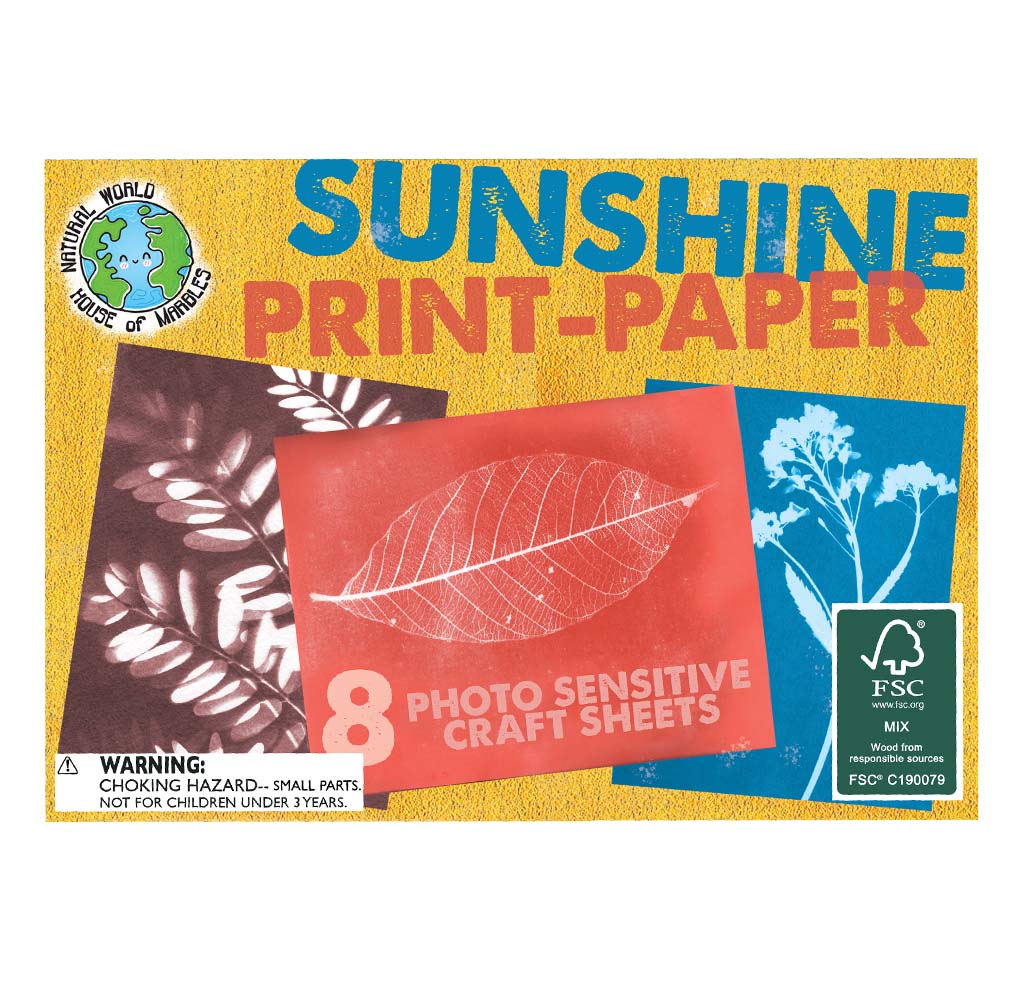 Front packaging for House of Marbles Sunshine Print Paper kit, featuring natural botanical artwork, FSC certification in the corner, and chocking warning. 