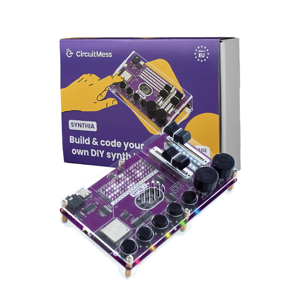 A purple circuit board in front of a purple package on a white background
