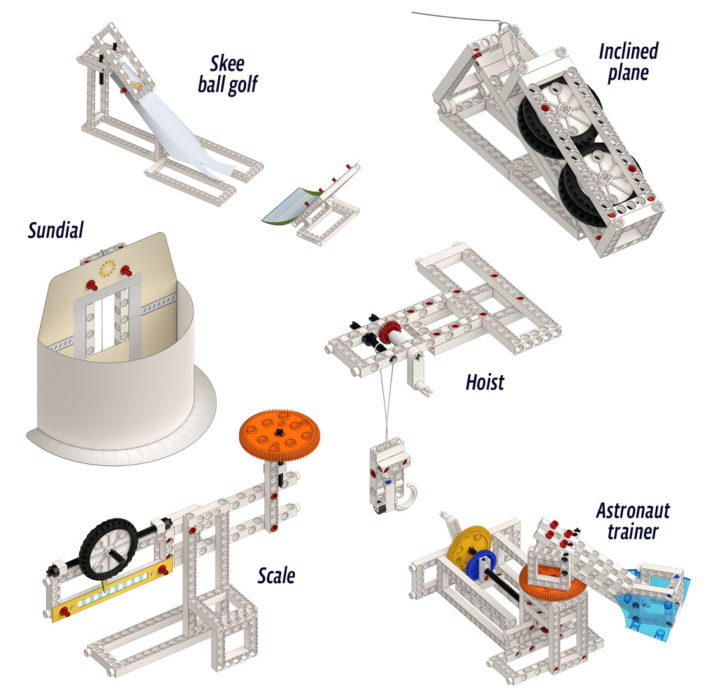 A collage of labeled educational toy structures built from white interlocking blocks, including Skee ball golf, Inclined plane, Sundial, Hoist, Scale, and Astronaut trainer, on a white background.