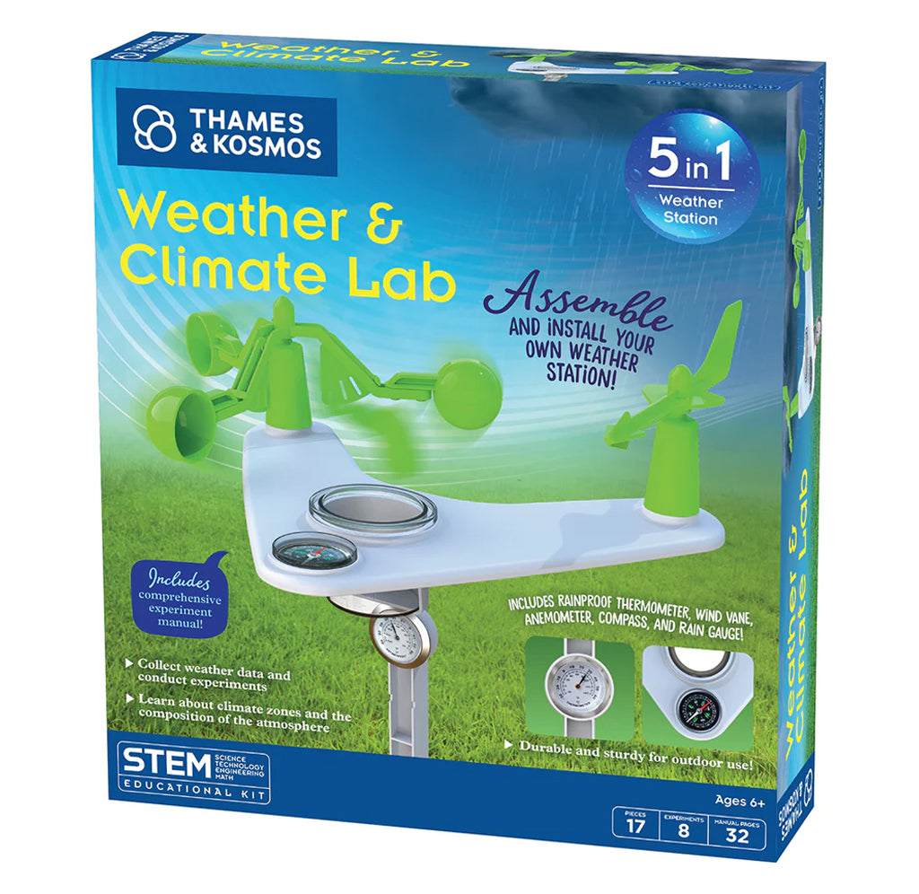 Thames and Kosmos 5 in 1 Weather Station educational kit in its retail packaging, featuring a blue and green box with illustrations of the assembled wind-driven weather station.
