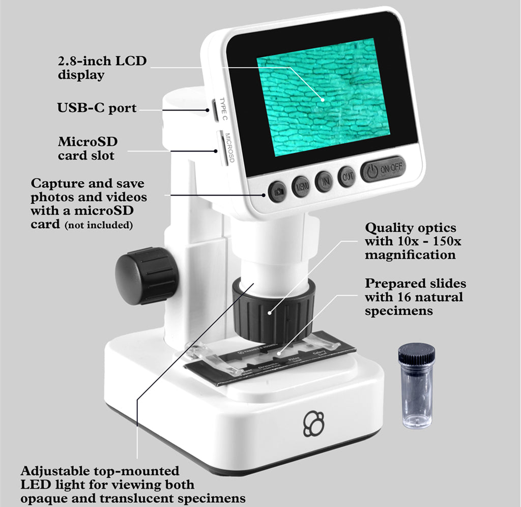 White digital microscope with a 2.8-inch LCD screen, labeled callouts pointing to features such as USB-C port, microSD card slot, adjustable top-mounted LED light, and quality optics, plus a small specimen container on a light gray background.