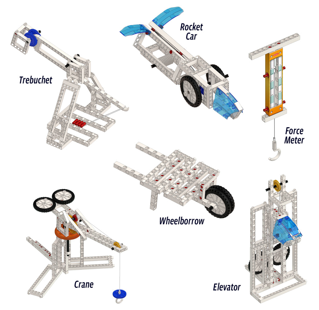 A collage of labeled educational toy structures built from white interlocking blocks, including reading Trebuchet, Rocket Car, Force Meter, Wheelborrow, Crane, and Elevator.