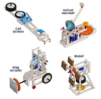 A collage of labeled educational toy structures built from white interlocking blocks, including Crash test device, Earth and moon model, Airbag test station, and Windmill.