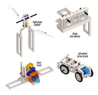 A collage of labeled educational toy structures built from white interlocking blocks, including a tightrope walker, a drop test device, a  gear train, and an all-wheel drive truck.