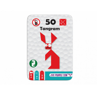A white tangram puzzle box shows a red rabbit assembled from geometric pieces, with “50 Tangram” text, child-safety symbols, and a playful, colorful design.