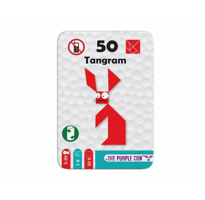 A white tangram puzzle box shows a red rabbit assembled from geometric pieces, with “50 Tangram” text, child-safety symbols, and a playful, colorful design.