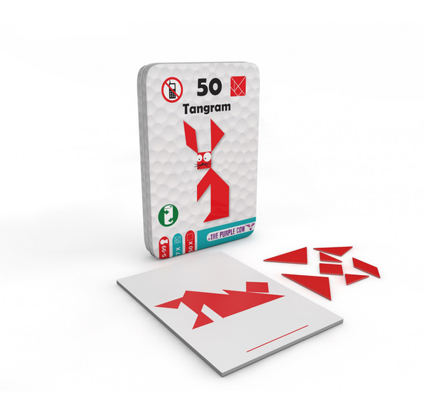 A Tangram puzzle set shows a red rabbit formed from geometric pieces on a white board, with loose red triangles beside it and matching packaging behind.