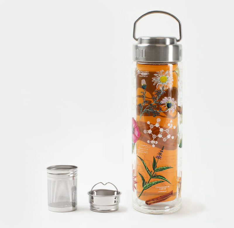 Image of double walled glass bottle with a metal lid and handle. Images of various flora and molecules are printed on the glass. A mesh cylindrical strainer and corresponding metal piece sit next to the bottle. 