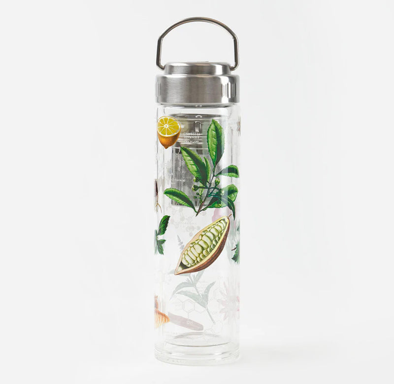 Image of double walled glass bottle assembled with metal strainers on the inside. Printed on the external glass wall are images of flora and molecules. 