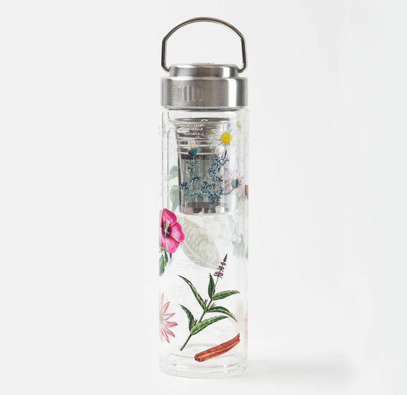 Image of double walled glass bottle assembled with metal strainers on the inside. Printed on the external glass wall are images of flora and molecules. 