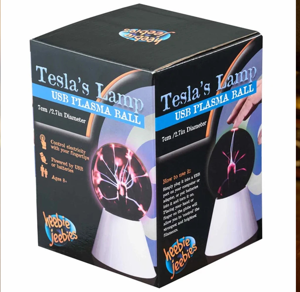 Tesla's lamp plasma ball black box packaging with a plasma ball on the front against a white background.