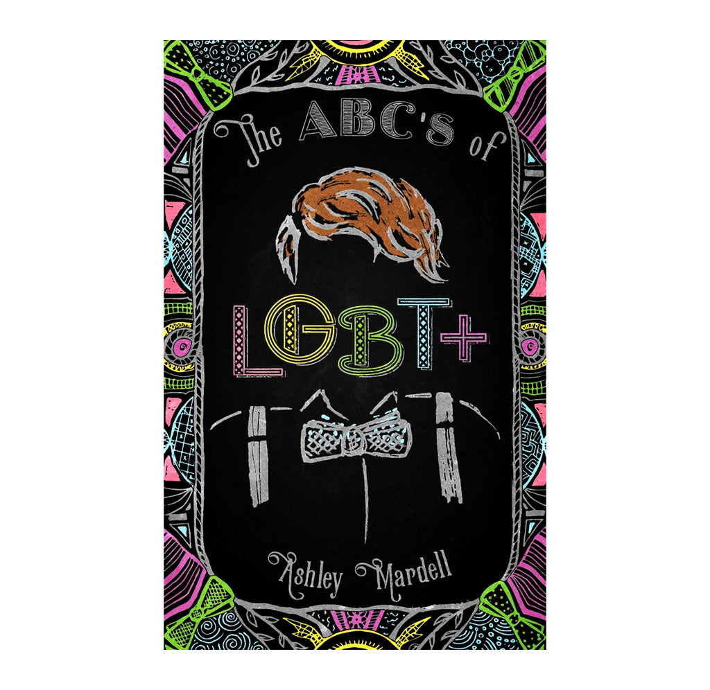 A black book with a chalkboard drawing of a faceless individual with bowtie and suspenders with colorful frame.