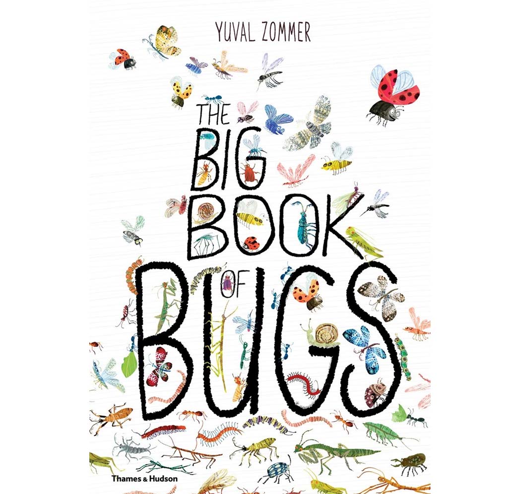 This hardcover book features bold black lettering on a white background, adorned with colorful illustrations of various bugs.