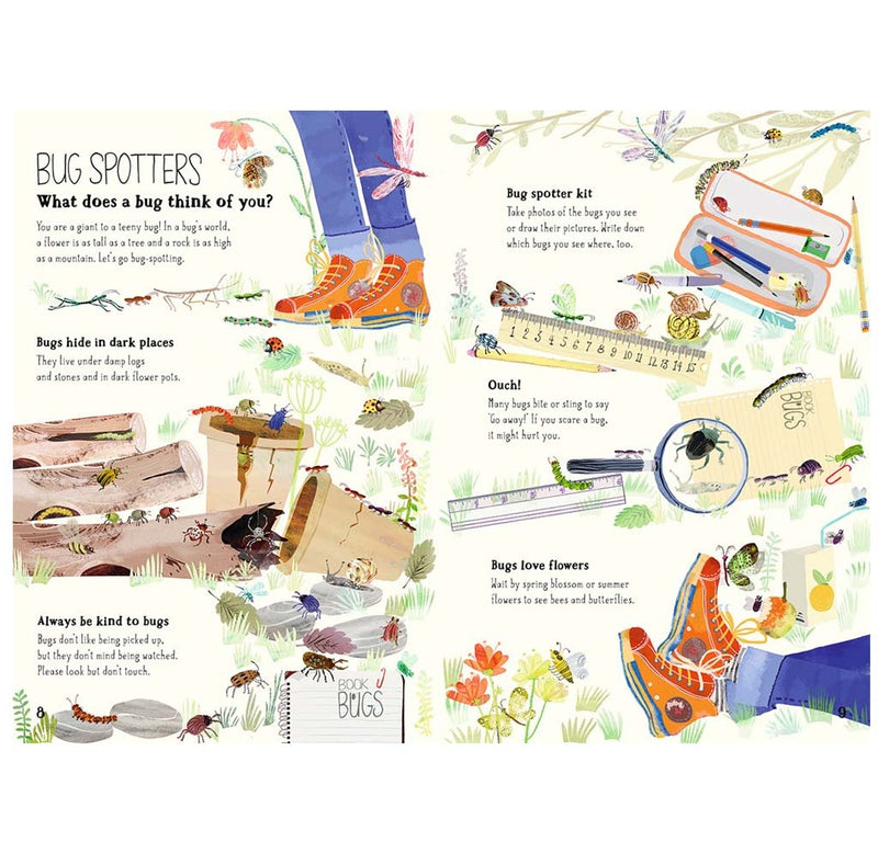 This book layout page features the Bug Spotter's Guide, which recommends looking in flowers or under dark places, such as a log, to find bugs.