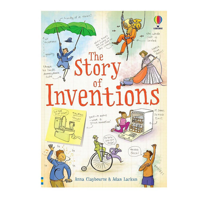 This is a paperback book cover featuring illustrations and descriptions of various inventions, including the vacuum cleaner, scuba diving equipment, and dishwasher.