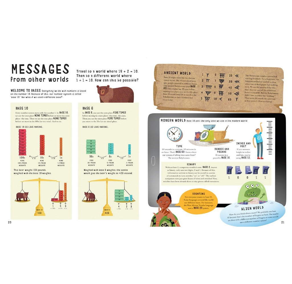 Another layout page from the book entitled Messages from other worlds containing ancient and modern world messages, alongside a tablet displaying a matching digital lesson and a small cardboard box with printed text