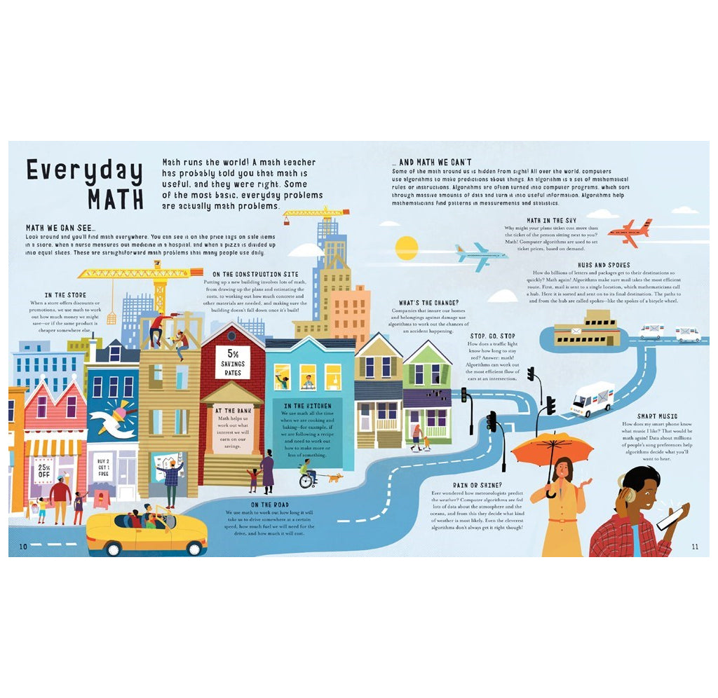 This is a layout page titled 'Everyday MATH' with illustrated city scenes, buildings, a river, cars, and small people, accompanied by text blocks and math-themed illustrations.

