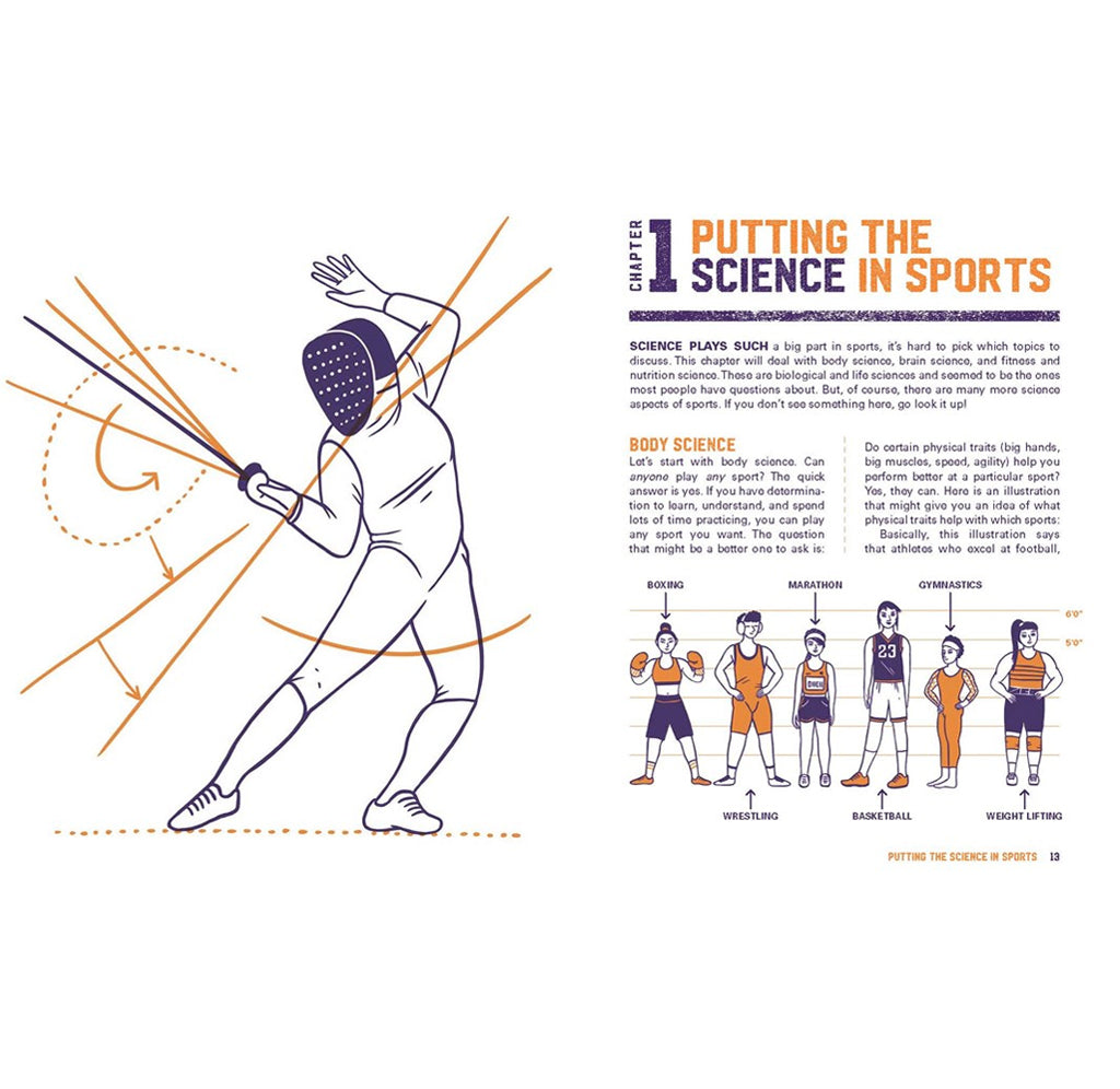 Book page about sports science with a fencer illustration and text.