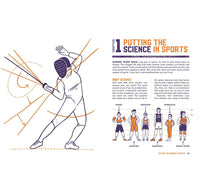 Book page about sports science with a fencer illustration and text.