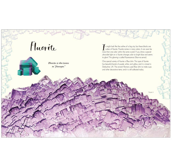 Fluorite crystal with educational text on a white background