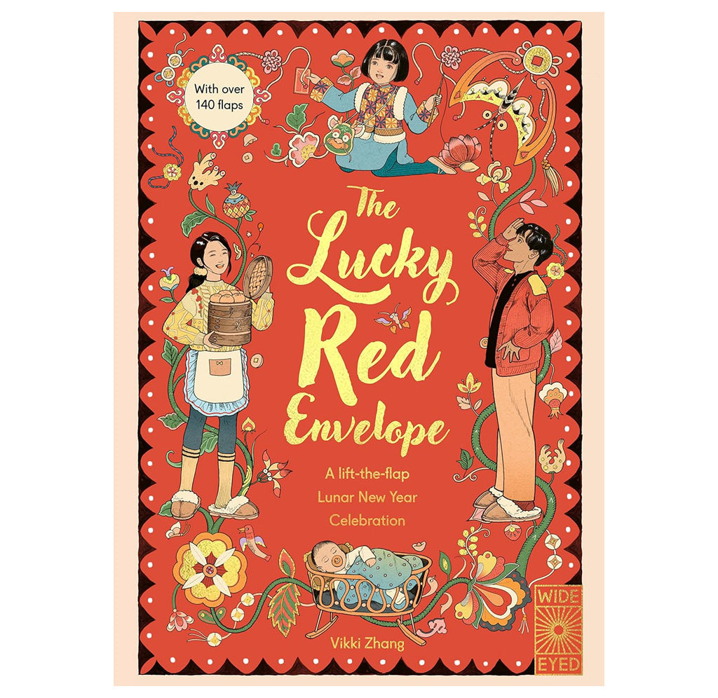 A decorated red cover that depicts two adults, a child and a baby. The woman is holding steamer baskets, the child is holding toys and a red envelope. 