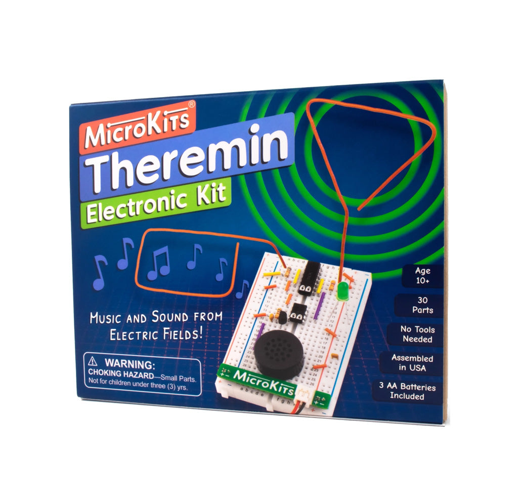 Dark blue MicroKits Theremin Electronic Kit packaging on a white background