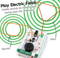 Electronic circuit board with antennas and text explaining sound creation by electric fields.