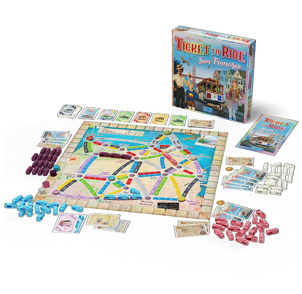 Image showing the board game set up with trains on the map and cards arranged around the board. 