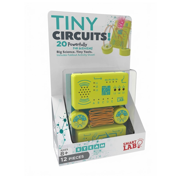 Retail package for a colorful Tiny Circuits STEM kit, showing a yellow-green circuit board, wires, and activity tools; playful, educational design for ages 8+.