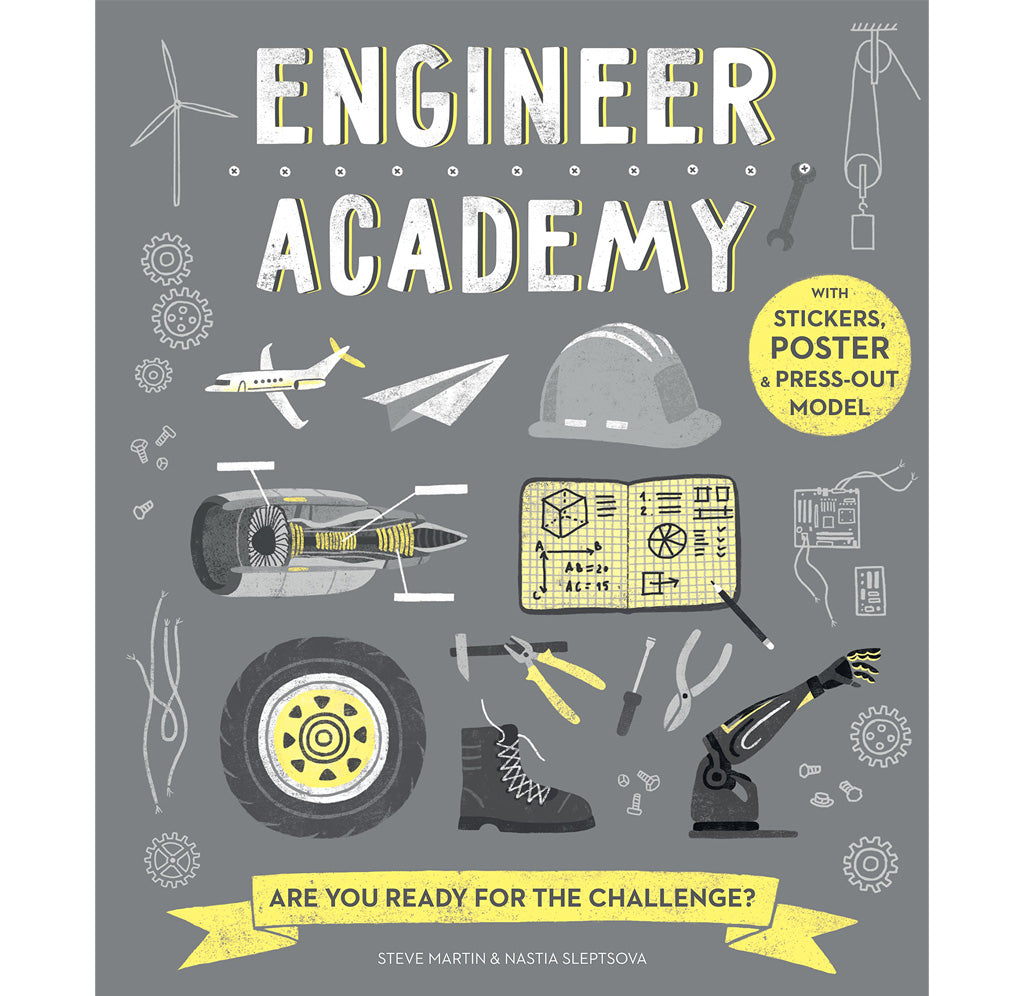 Cover of the book with a gray background and drawings of various engineering related items including gears, nails, a tire, and a robotic arm. 