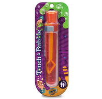 Orange mini bubble wand and testtube bubble solution container against a white background. 