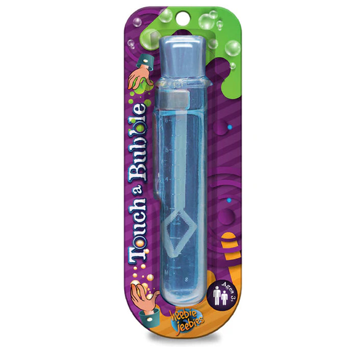 Blue mini bubble wand and testtube bubble solution container against a white background. 