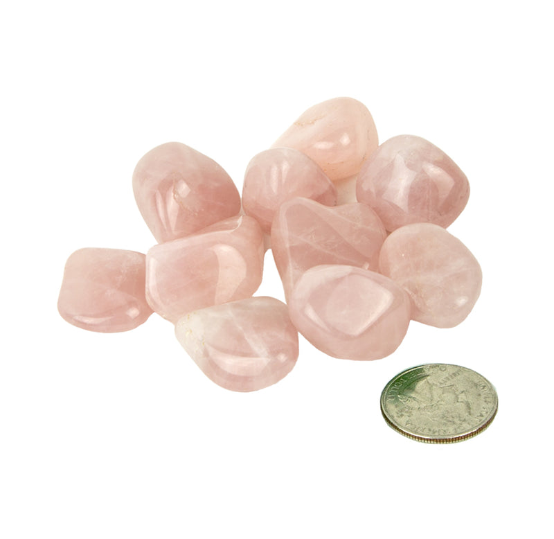 Pink tumbled stones with a coin for size comparison on a white background