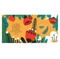 A children's book called Tweet page featuring a colorful illustration of insects and plants on a warm yellow-orange background, with a short poem printed on the left side.