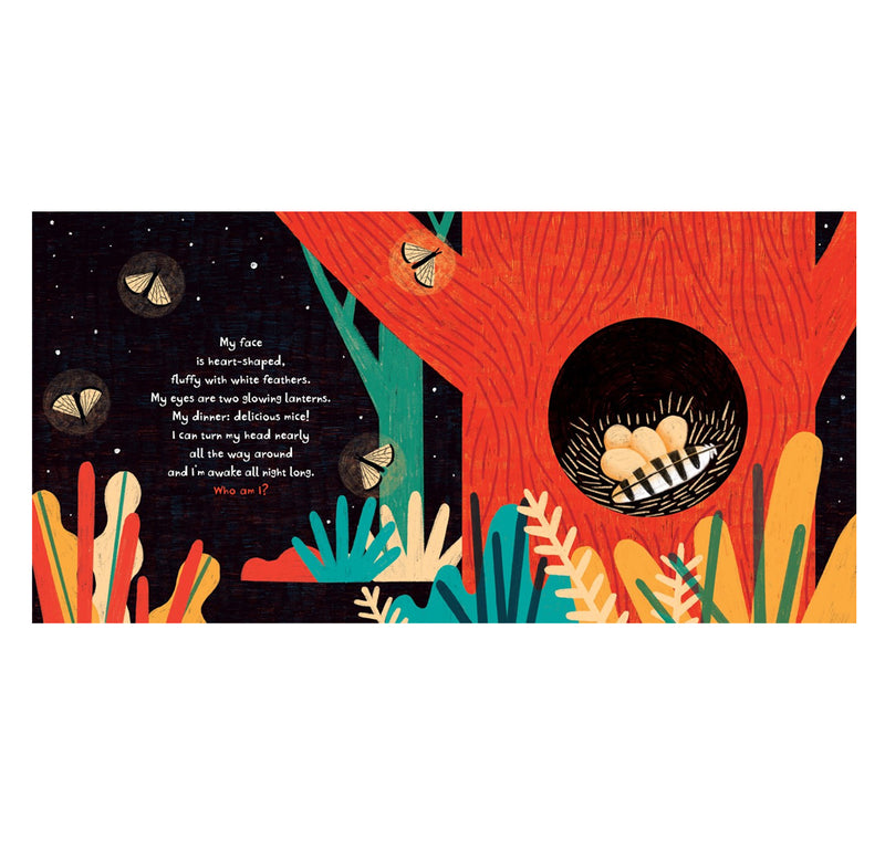 A square children's book called Tweet featuring a colorful illustrated scene with a tree trunk, eggs in a nest, flying butterflies, and a poem printed on a dark starry background. The artwork uses bold red, teal, orange, yellow, and black tones.